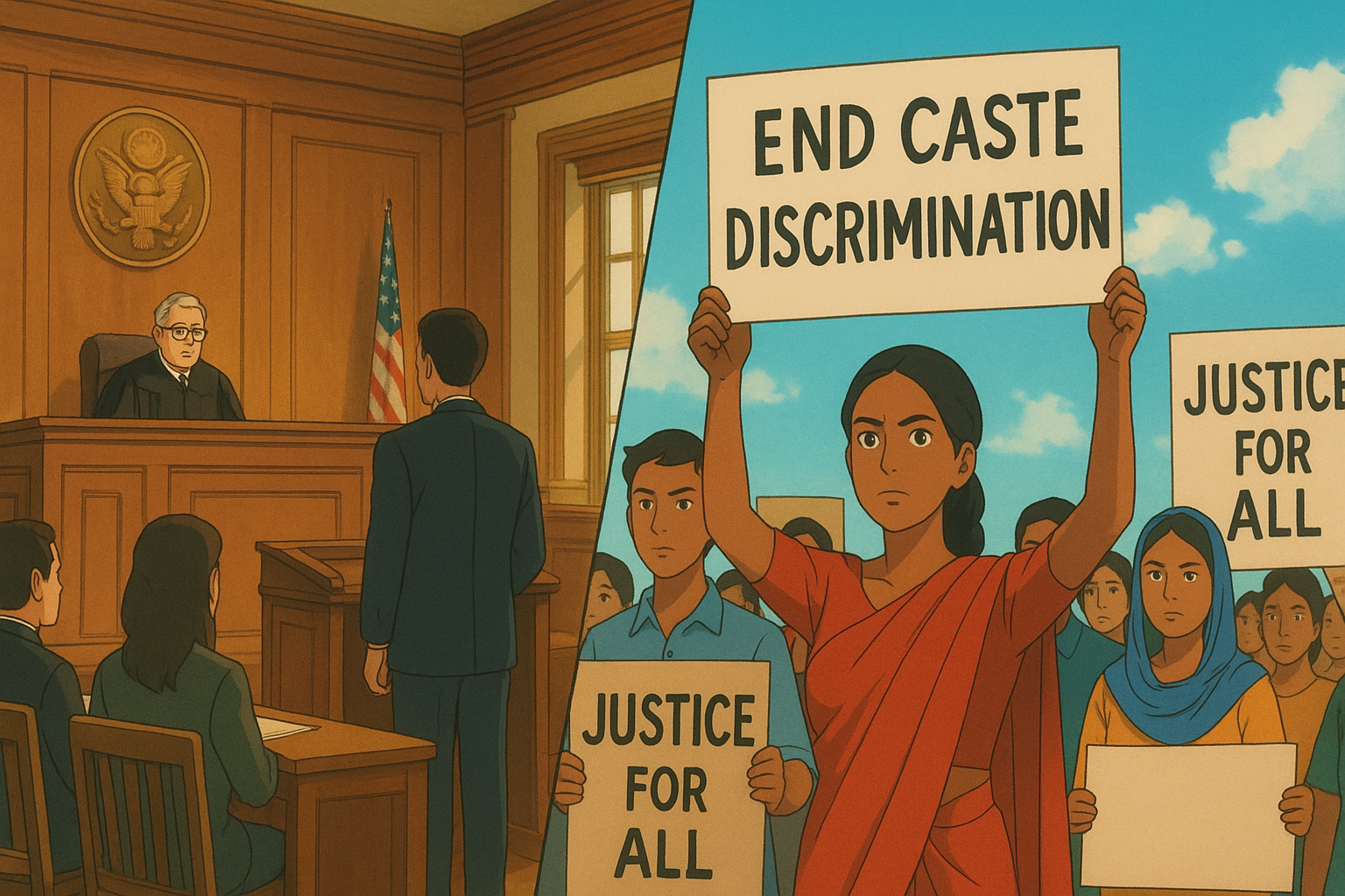 An animated courtroom scene with a judge presiding, while a man stands before him. In the foreground, a group of protestors holds signs demanding an end to caste discrimination and justice for all.
