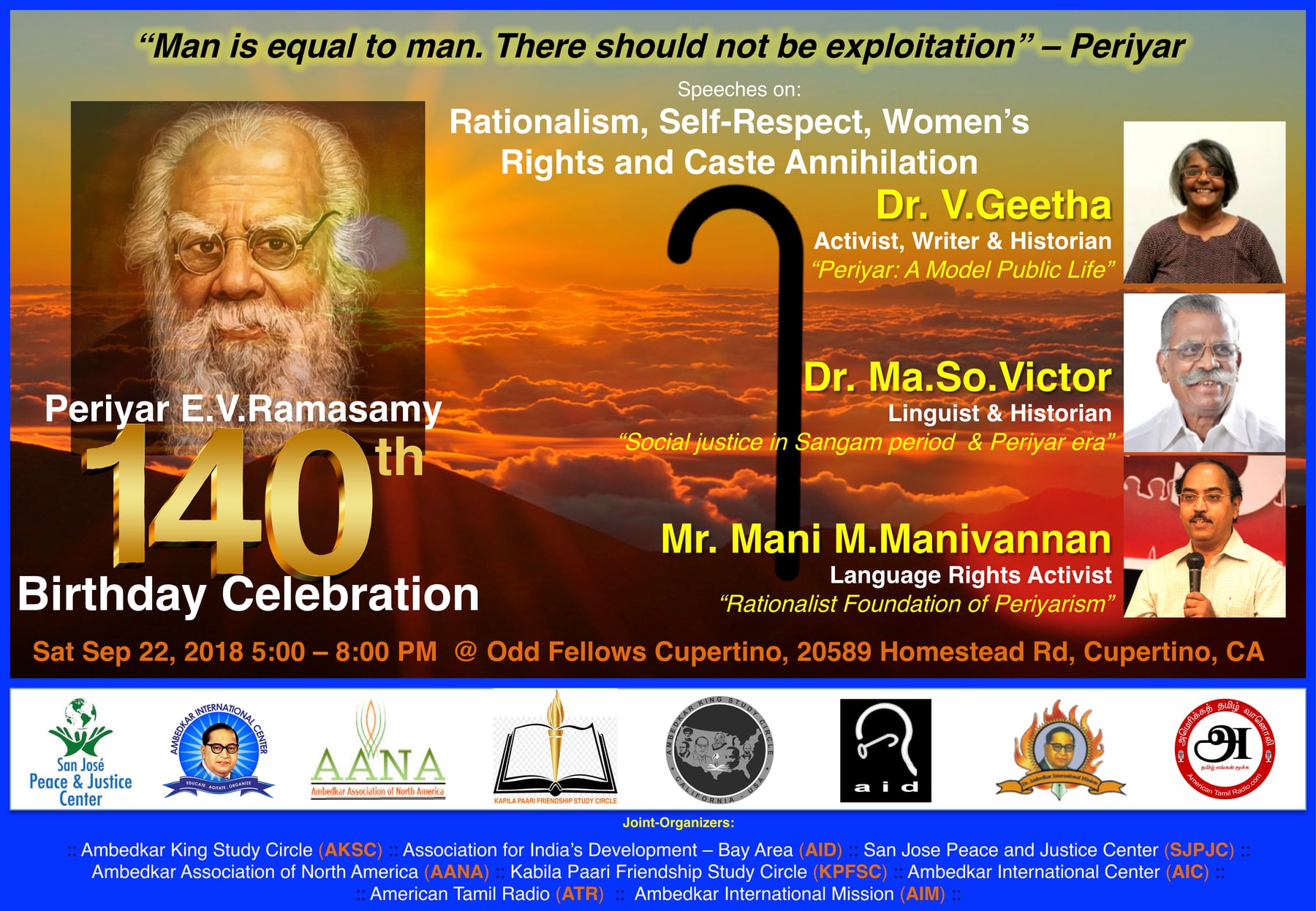 Flyer for Periyar's 140th birthday celebration in Cupertino on September 22, 2018, listing speakers Dr. V. Geetha, Dr. Ma. So. Victor, and Mani M. Manivannan.